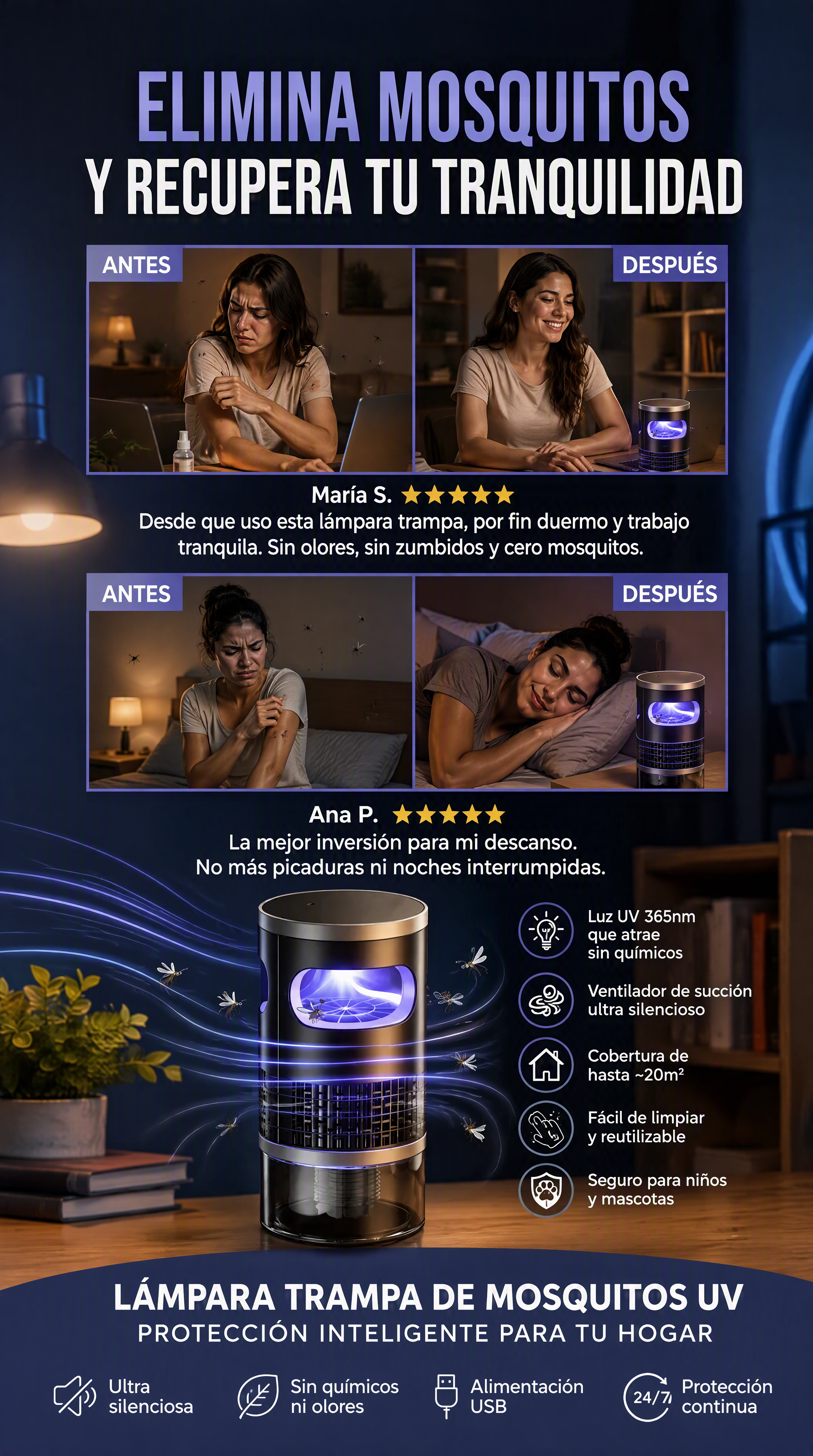 Antes y después usando la lámpara trampa UV